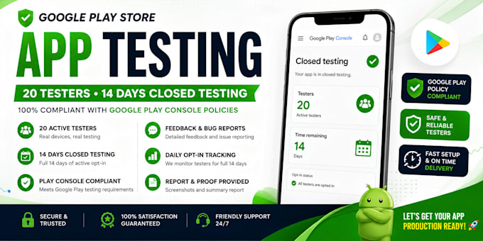 provide google play store app testing with 20 testers for 14 days