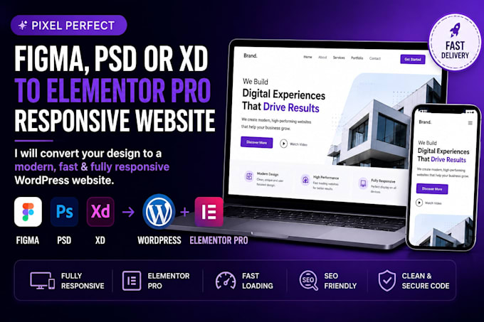 convert figma to wordpress, PSD or xd to elementor pro website