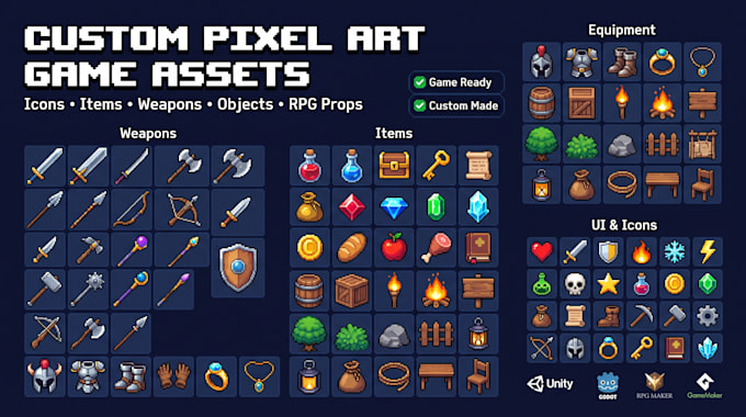 create 8bit 16bit pixel art game asset icon items weapon object rpg props sprite