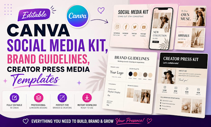 editable canva social media kit, brand guidelines, creator press media templates