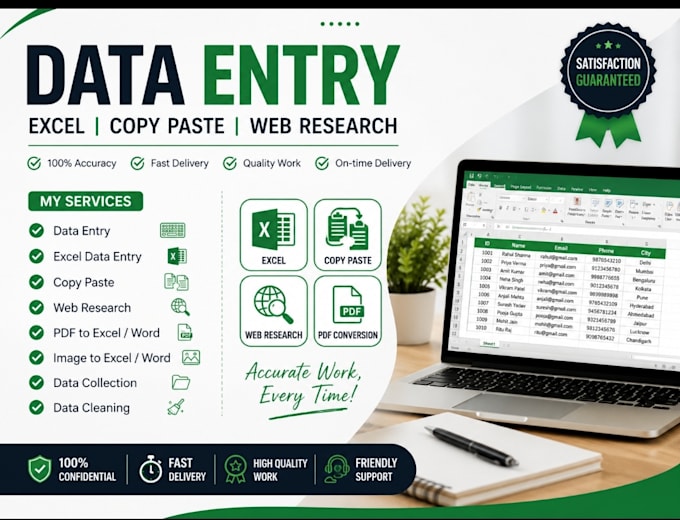 accurate data entry, excel, copy paste and web research