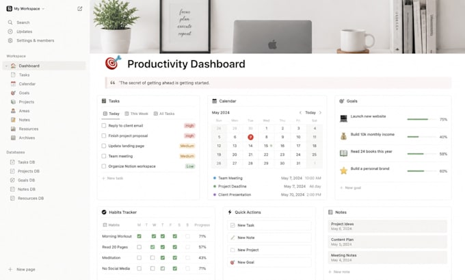 set up notion dashboard, templates, databases, and automation