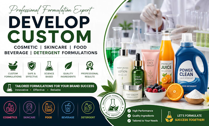 develop custom cosmetic, skincare, food and beverage formulations, detergent