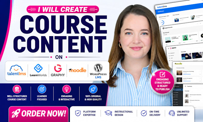 create course content on talentlms, learnworld, graphy, moodle and wordpress lms