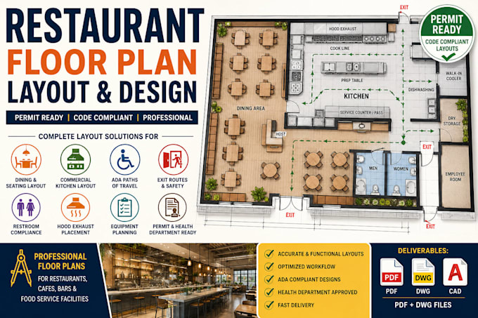 restaurant floor plan layout with kitchen and seating areas