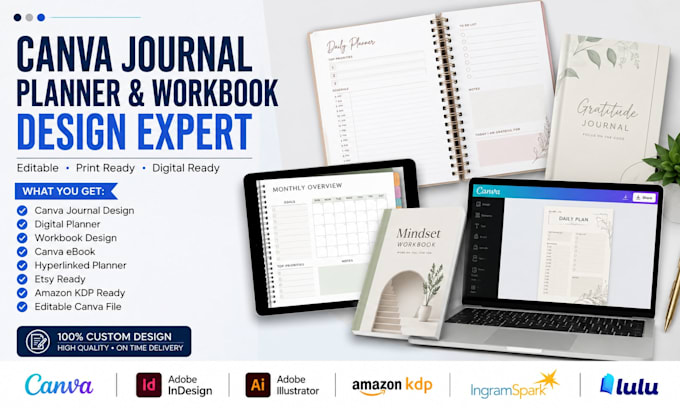 design, redesign canva journal, planner, workbook, canva ebook, digital planner