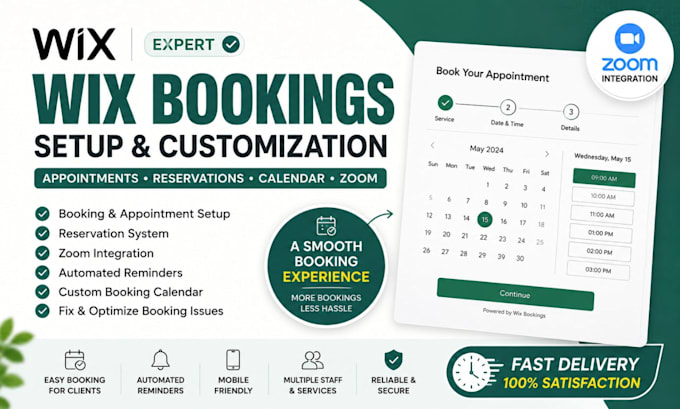 setup wix bookings, appointments, zoom integration, fitness, reservation system