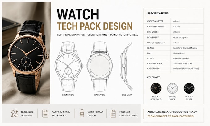 design professional watch tech packs and technical drawings for manufacturing