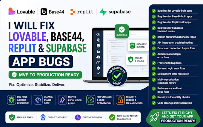 fix lovable base44 fix claude code replit supabase app bugs mvp to production