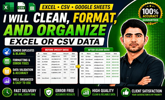 do data cleaning, formatting and organize excel or CSV data