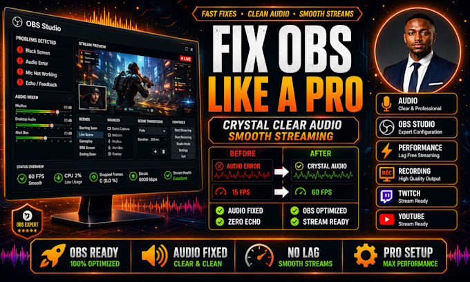 fix obs audio, mic, echo, lag and streaming issues