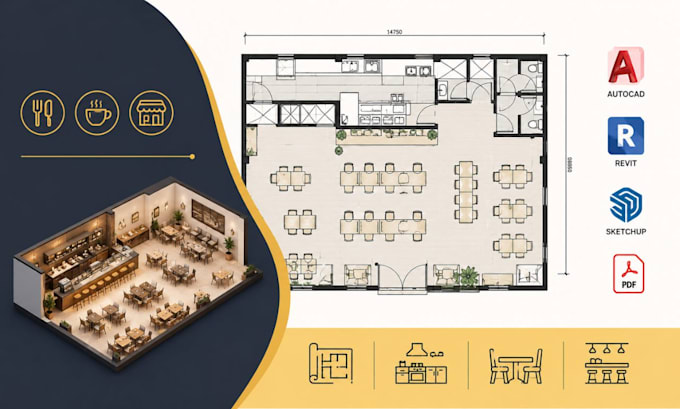 create restaurant design, coffee shop floor plan, restaurant cad drawing