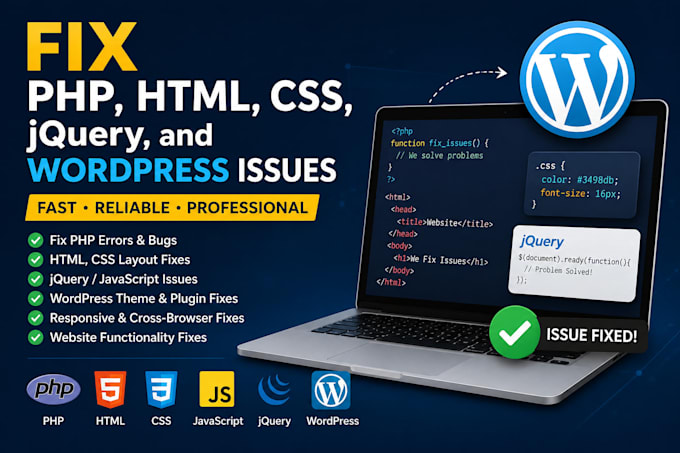 fix PHP, HTML, CSS, jquery, and wordpress issues