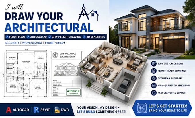 autocad 2d floor plans, permit drawings 3d architectural rendering