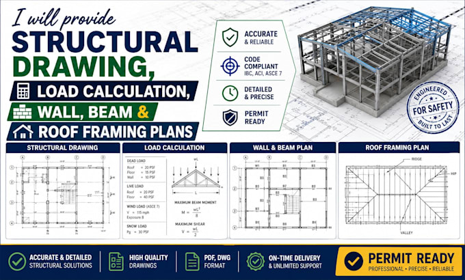provide structural drawing, load calculation, wall, beam and roof framing plans