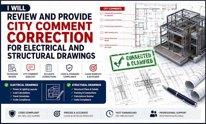 review and provide city comment correction for electrical and structural drawing