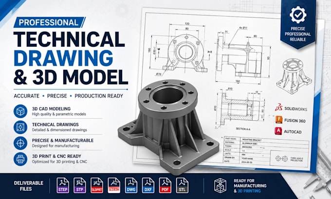 create technical drawing engineering drawing cad drawing for manufacturing