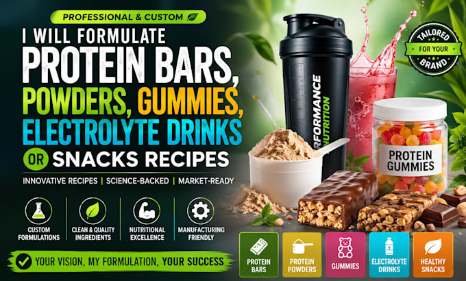 formulate protein bars, powders, gummies, electrolyte drinks or snacks recipes