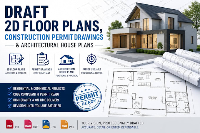 draft 2d floor plans, construction permit drawings and architectural house plans
