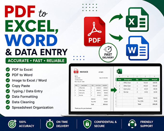 pdf to excel, word and data entry