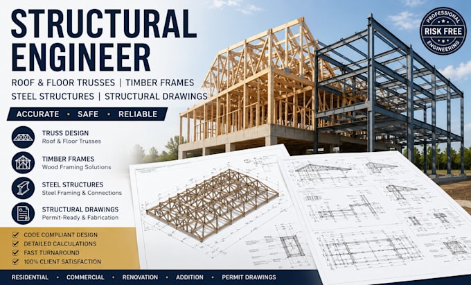 structural engineer, roof and floor trusses timber  steel structures draw