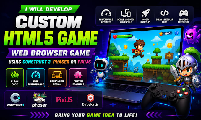 develop custom html5 game, web browser game in construct 3, phaser or pixi js