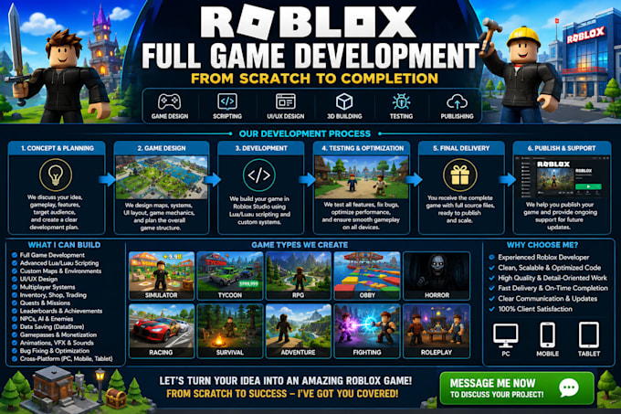 be your  roblox game developer for full game creation and scripting
