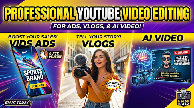 do professional youtube video editing for ads, vlogs, and ai video