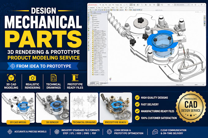 design mechanical parts, 3d rendering and prototype product modeling service