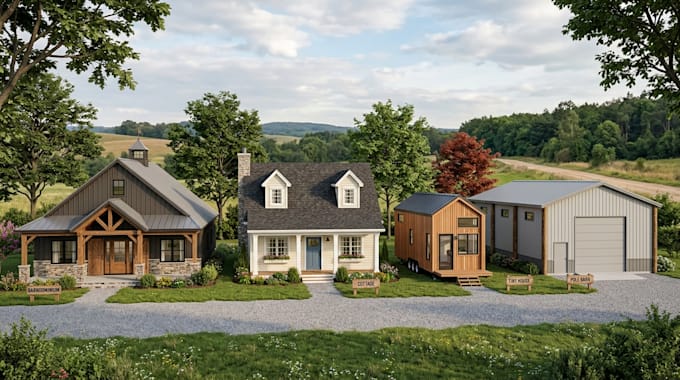 render barndominium, cottage, tiny house, facade and pole barn design
