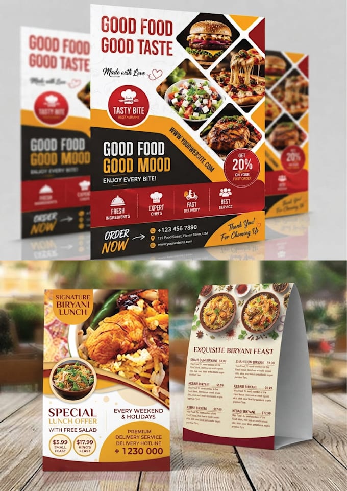 design a luxury restaurant menu, digital menu board, and food flyer