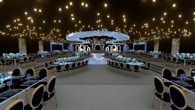 create realistic 3d event center, exhibition stand, and stage design