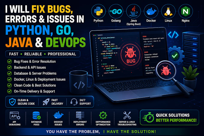 fix bugs, errors and issues in python, go, java and devops
