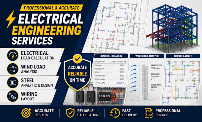 provide electrical load calculation, wind load, steel analytic and wiring layout