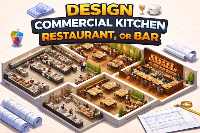 design commercial kitchen, restaurant, or bar 3d layout plan