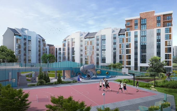 visualized exterior courtyard for multi building complex,landscape design,render