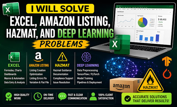 solve excel, amazon listing, hazmat, and deep learning problems
