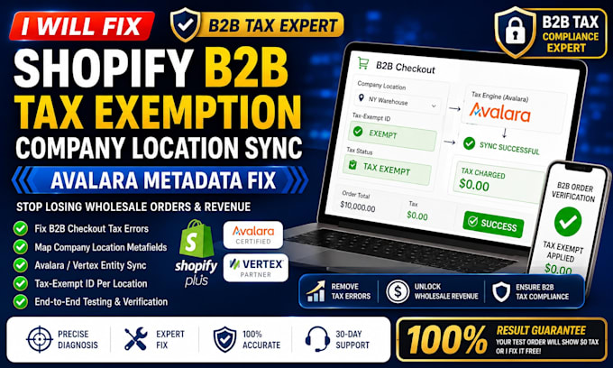 fix shopify b2b tax exemption, company location sync, avalara metadata