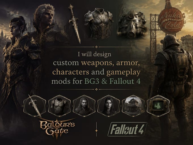 design custom weapons, armor, characters and gameplay mods for bg3 and fallout 4