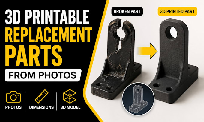 design 3d printable replacement parts from photos, dimensions or sample 3d parts