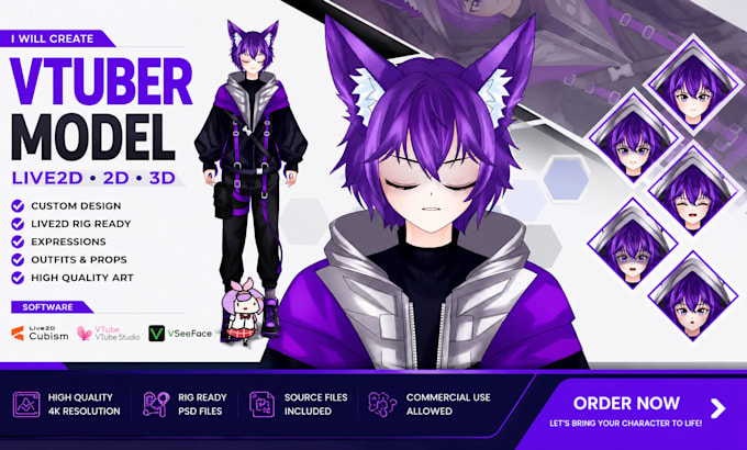 create vtuber model, live2d vtuber model, 2d 3d male vtuber model