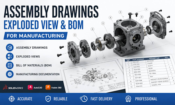 create assembly drawings, exploded view, bom for manufacturing