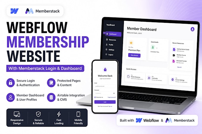build webflow membership website with memberstack login dashboard, ims