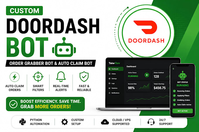 develop custom doordash, instacart, spark driver and uber order grabber bots
