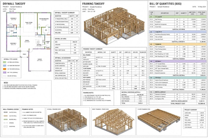 prepare drywall takeoff, framing takeoff, and boq
