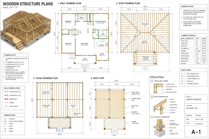 draft wooden structure, wall framing, roof framing, and deck plans