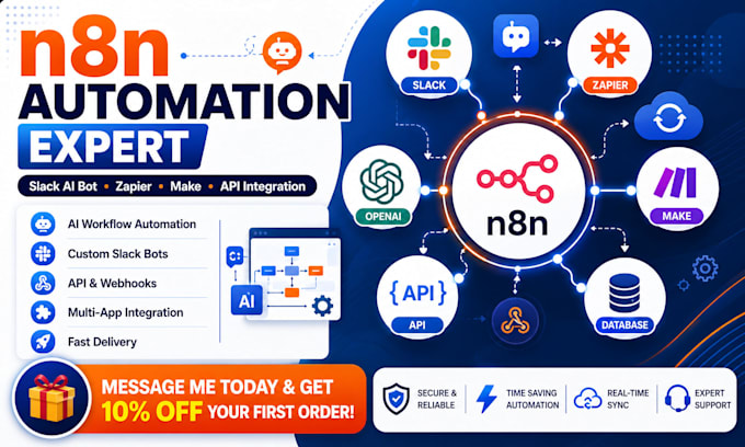 n8n automation expert slack ai bot zapier make workflow integration