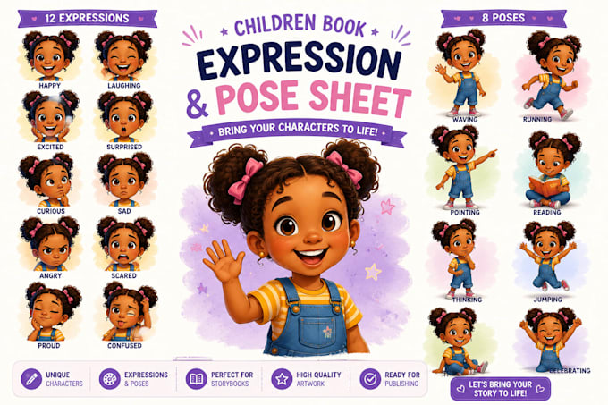 create children book character expression sheet and pose sheet