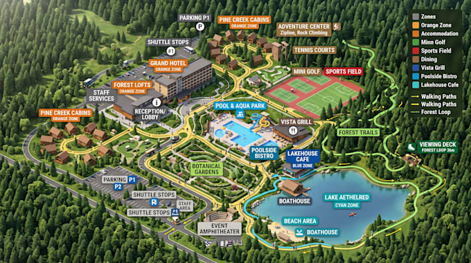 design campground map, rv park map, glamping map, resort map, trail map