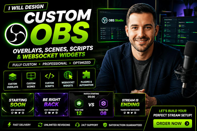 design custom obs overlays, scenes, scripts and websocket widgets